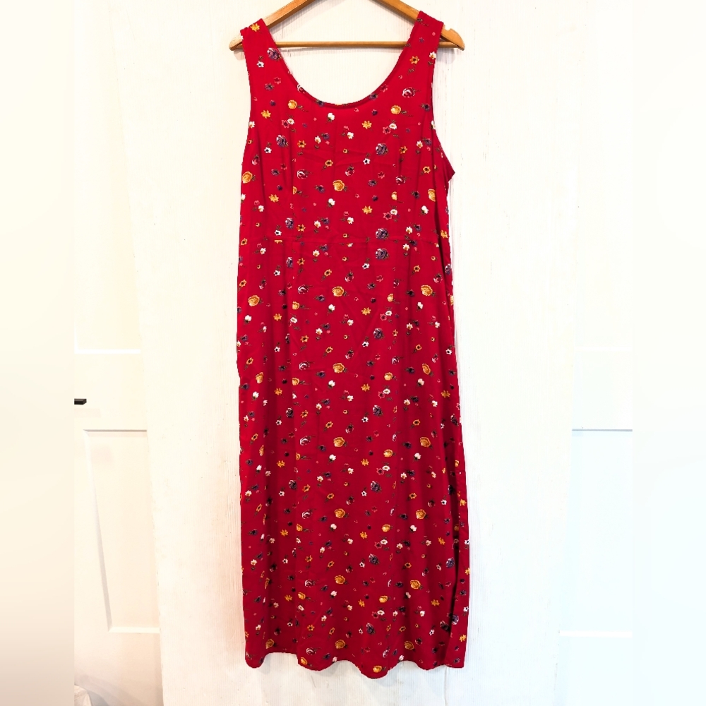 VINTAGE 90s Red Floral Sleeveless Jumper Dress Cottagecore Prairiecore
